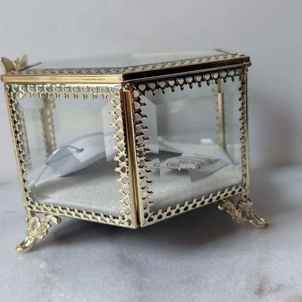 Antique style glass and gold filigree jewelry box